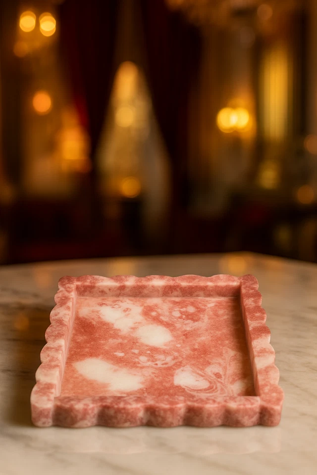 Роскошный мраморный поднос с розовым и белым камнем с зубчатым краем, 12x8"" - Изображение 1 из 4