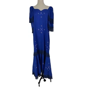 Vintage Blue Maxi Dress Embroidered Lace Cottage Core Sweetheart Neckline - Picture 1 of 10