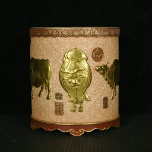 5.3" old antique qing dynasty qianlong mark porcelain gilt five cattle brush pot - Picture 1 of 9