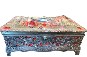 Vintage Japanese Metal Silver Plate Music Trinket Jewelry Box w/ Pagoda Dragons - Picture 1 of 21