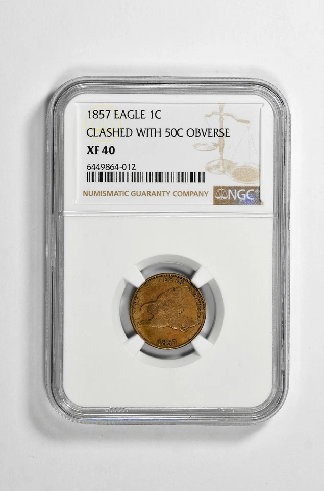 1857 1C Flying Eagle Cent Clashed with 50C Obverse NGC XF 40 - Image 1 of 2