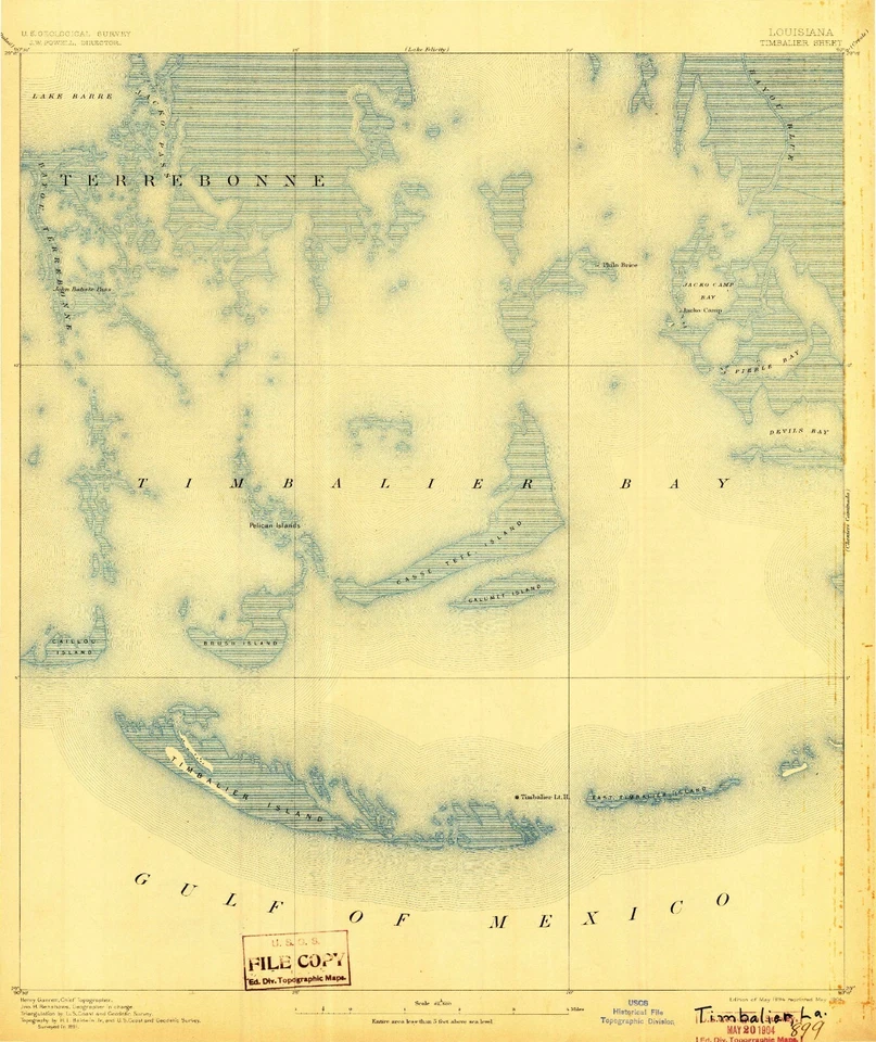 Mapa topográfico Timbalier, LA - 1894 | Impresión USGS vintage | Luisiana histórica Foto 1 de 1