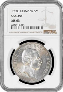 Saxony 5 mark 1908 E, NGC MS63, "King Friedrich August III (1904 - 1918)" - Picture 1 of 2