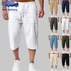 Mens 3/4 Length Linen Sports Shorts Elastic Waist Loose Casual Solid Capri Pants