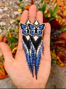 Tribal Earrings Native Large Boho American Seed Beads Handmade Earring - Picture 1 of 2