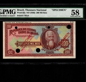 Brasilien 200 Mil Reis 1936 P-82s * PMG AU 58 * Specimen * - Bild 1 von 2
