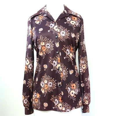 H Bar C Wm 38 Western Shirt Button Up Brown Floral Knit 1970s Rockabilly USA - Image 1 of 4