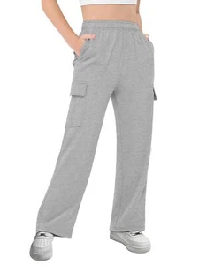 Girls Kids Cargo Sweatpants Wide Straight Leg Jogger Pants 5-14 Years Grey - Picture 1 of 8
