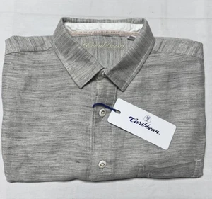 Caribbean Men Shirt XL Top Button Down Linen Cotton Long Sleeve Gray Pocket $80 - Picture 1 of 11