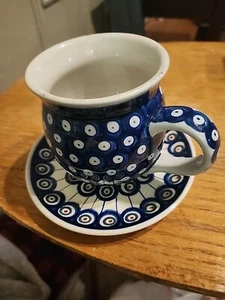 Fatto a mano! Tazza/piattino da caffè Boleslawiec ceramica polacca colbalto pavone 8 oz (319) - Foto 1 di 5