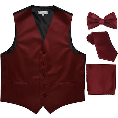 New Men's solid Tuxedo Vest Waistcoat & necktie & Bow tie & Hankie burgundy prom - Image 1 of 4