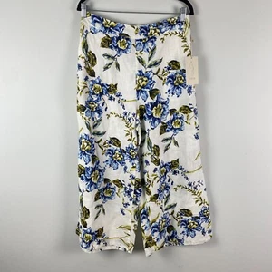 Joie Wide Leg Crop 100% Linen Pants Size Large White Floral Pull On High Rise - Picture 1 of 8