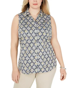 Charter Club Women's Petite Sleeveless Button-Up Shirt, Citron Aura Combo - NEW - Picture 1 of 5
