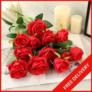 12X Artificial Single Rose Bud With Stem Silk Flowers Fake Bouquet Wedding Party - Picture 1 of 16