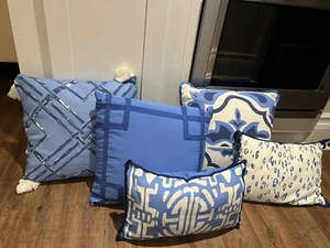 Lacefield Porch Outdoor Patio Pillows Set of 5 Blue And White - Picture 1 of 13