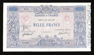 France 1000 Francs 1917, aXF, P-67g , BLEU AT ROSE - Picture 1 of 2