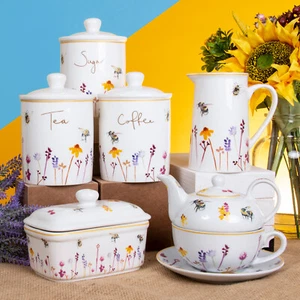 Busy Bees Teapot Afternoon Tea Party Tableware Set Coffee Mugs Storage Canisters - Picture 1 of 55