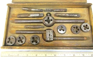 Antique Tap & Die Set Original Dove Tailed Wood Box 14 Assorted Pieces - Picture 1 of 4