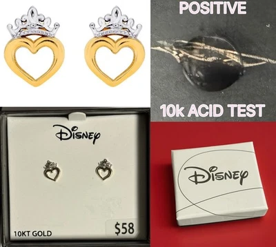 ¡JOYERÍA FINA DISNEY NIÑAS ORO AMARILLO 10K CORAZÓN CORONA PENDIENTES CON RESPALDO DE SEGURIDAD! Foto 1 de 4