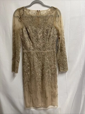 NWT David Meister Nude Pink Gold Embellished Dress 2 XS Long Sleeve Mesh $595 - Image 1 of 4