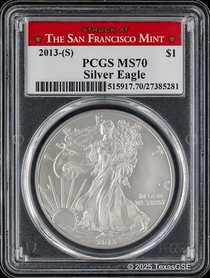2013-S $1 Silver American Eagle PCGS MS70 - San Francisco Label - Image 1 of 2