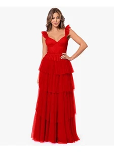 BLONDIE NITES Womens Red Mesh Ruffle Sleeve Lined Formal Dress Juniors 11 - Picture 1 of 6