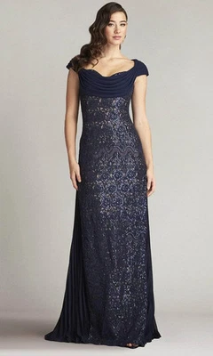 Tadashi Shoji Navy Blue Nude Embroidered Off-Shoulder Evening Gown Size 8 $718 - Image 1 of 4