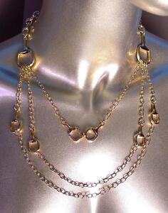 CHIC & FABULOUS Designer 3 Strands Gold Horsebit Links Chains Layered Necklace