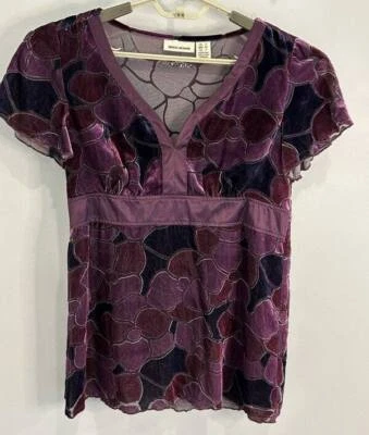 DKNY Babydoll Burnout Floral Velvet Short Sleeve Shirt Purple Y2K Style Size S Foto 1 de 4