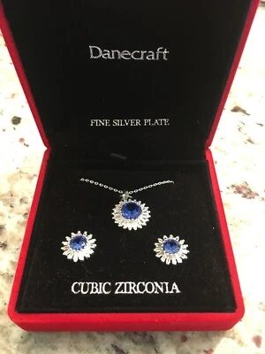 Danecraft Fine Silver Plate Round Cubic Zirconia Stud Necklace and Earing set  - Image 1 of 4