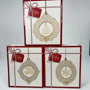Lenox Porcelain Christmas Ornaments NEW! Set Of 3 Merry Peace Cheer Gold Trim - Picture 1 of 12