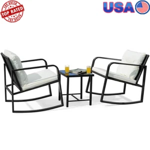 Patio Wicker Rocking Chair Set W/ Cushions & Coffee Table Outdoor Furniture New - Picture 1 of 5