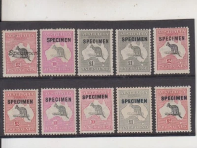 Stamps Kangaroo x 10 various watermarks all with SPECIMEN overprints inc 2 pound - Image 1 of 2