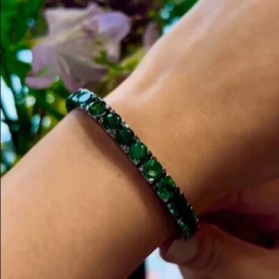 Свадебный теннисный браслет с покрытием из черного золота 14 карат круглой огранки зеленый изумруд 15 карат - Изображение 1 из 4