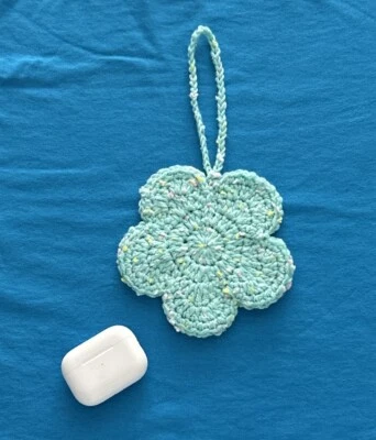 Crochet AirPods Case Handmade Charm Flower Design Blue Specks Unique Gift - Image 1 of 4
