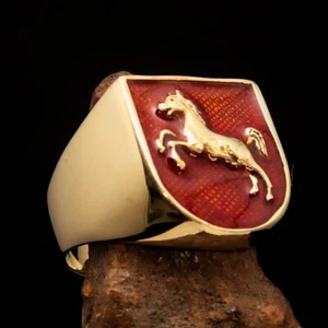 ROUND MENS KNIGHT BRASS SHIELD RING JUMPING HORSE COAT OF ARMS ORANGE SIZE 11 - Picture 1 of 6