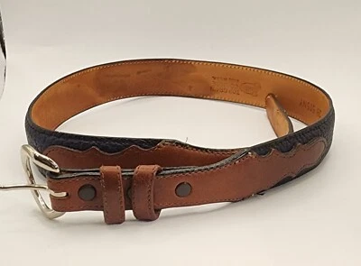 Justin Classic Leather Belt Made USA Blue/Tan Top Grain Cowhide - Image 1 of 4
