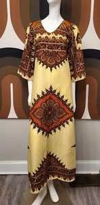 1970's Caftan Linen Dress By Flair Made In Jamaica XS 31 Bust Hippie Boho... - Picture 1 of 7
