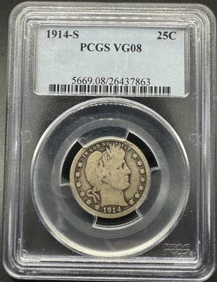 1914-S BARBER SILVER QUARTER PCGS OGH BLUE LABEL VG08 11XDA25 - Image 1 of 4