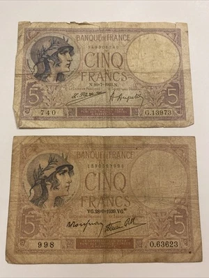 Lot Of (2) France Cinq Francs Banknotes, 1923, 1939, Rarer Date, Free Shipping! - Image 1 of 2