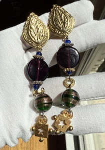 Pendientes colgantes de clip de vidrio vintage 4” XL tono dorado Gripoix declaración etrusca - Imagen 1 de 21