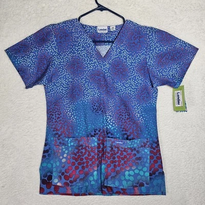 Landau 女式 XS 码花卉印花磨砂上衣 V 领蓝色红色口袋新品 — 第 1/4 张图片