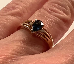 Clyde Duneier 14k Yellow Gold Blue Sapphire Teardrop & Diamond Chevron Ring 2.8g - Picture 1 of 12