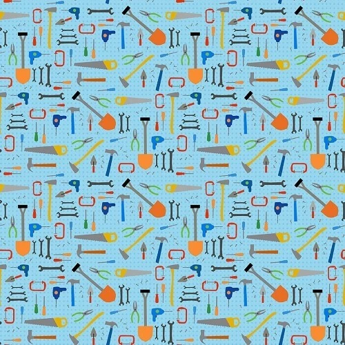 Play Zone Cotton Fabric Clothworks Construction Signs Tools Sky Sold By The Yard - Image 1 of 1