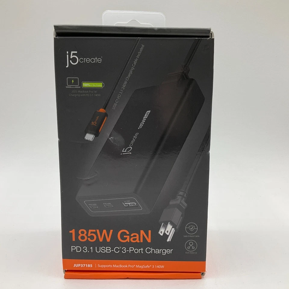 J5create 185W GaN PD 3.1 USB-C 3-Port Charging JUP37185
