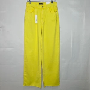 NWT SHEIN Woman’s Jeans 14 / 32 High Waist Wide Leg Yellow Raw Hem Pants Retro - Picture 1 of 8
