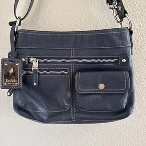 Tignanello Crossbody Dark Navy Pebbled Leather Organizer Purse Adj Strap Bag - Picture 1 of 10