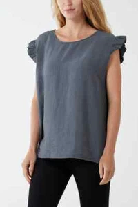 New Womens Ladies Linen Look Top Back Button Top Frill Sleeves (ONE SIZE) - Picture 1 of 20