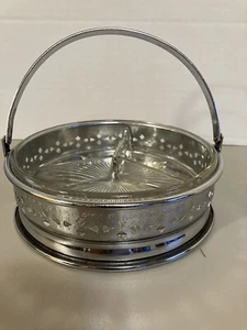 Vintage Divided Glass Candy/Condiment Dish in Silver-Tone Metal Holder w/Handle - Picture 1 of 7