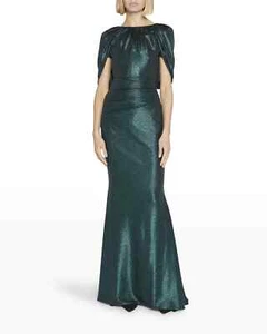 TALBOT RUNHOF $2200 Emerald Green Metallic Mirrorball Capelet Maxi Gown Dress 2 - Picture 1 of 5